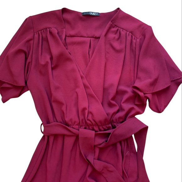 Quiz Crepe Maroon Tiered Wrap Dip Hem Dress Ruffle Cap Sleeve US 12 Whimsigoth - Picture 2 of 13